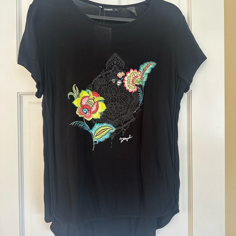 Desigual Black Tee with Colorful Floral Design
